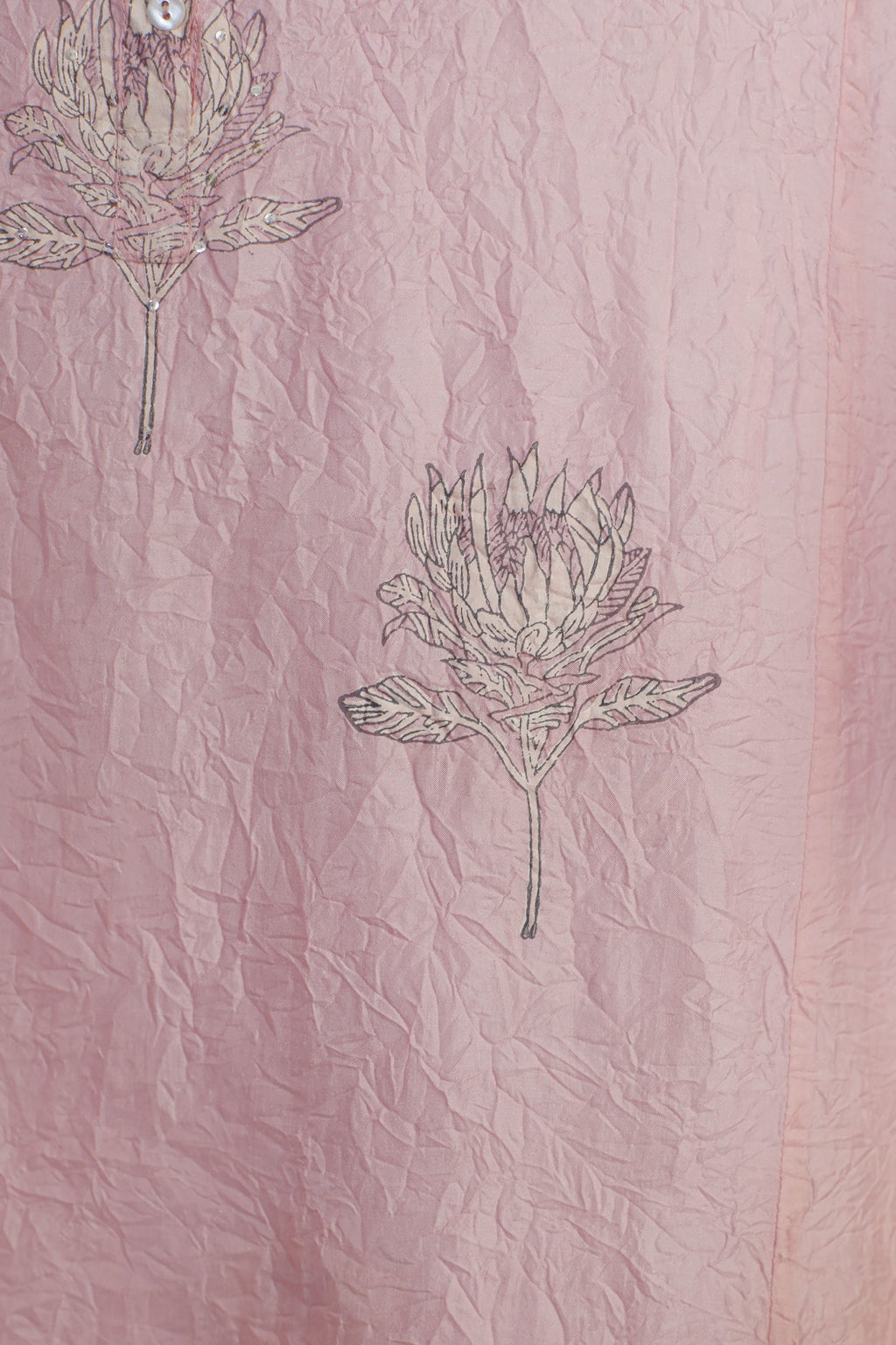 Pink hand crushed silk kurta set with block print and embellishment