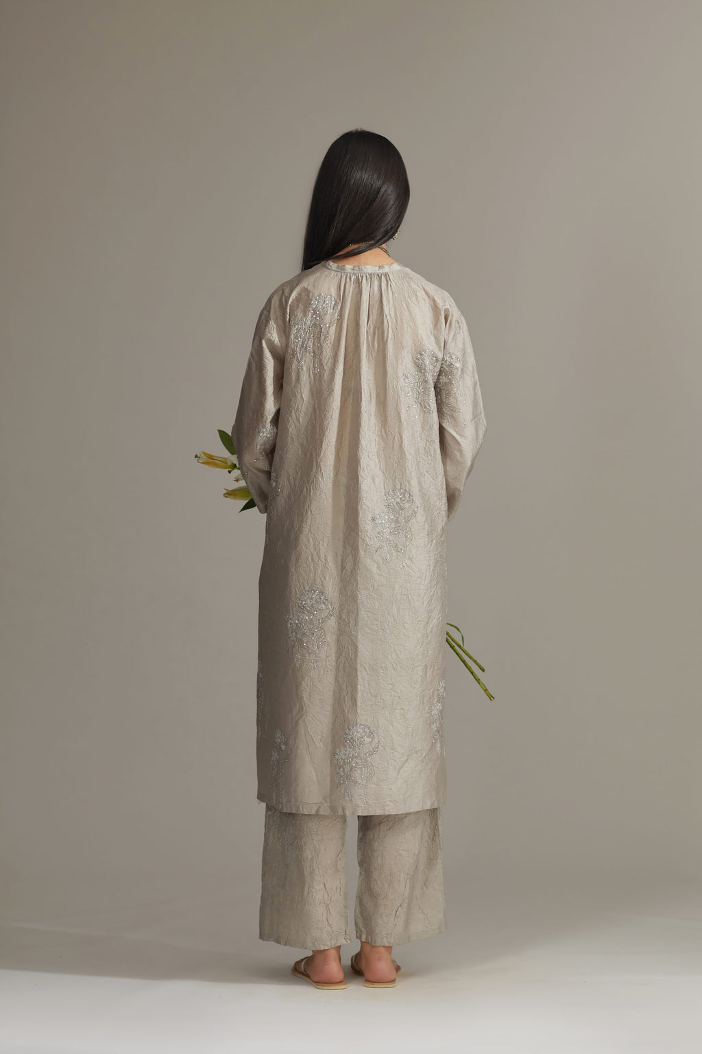 Grey hand crushed, block printed and embellished silk kurta set with pin tucks at placket
