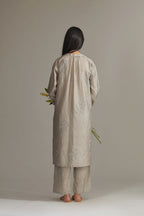 Grey hand crushed, block printed and embellished silk kurta set with pin tucks at placket