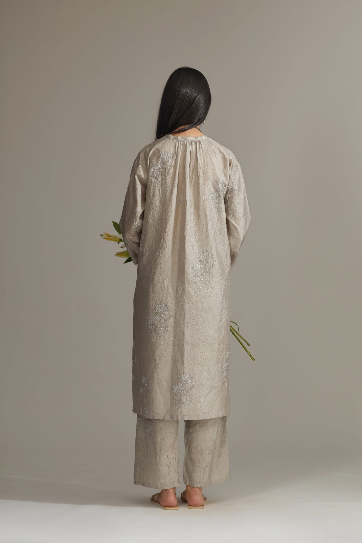 Grey hand crushed, block printed and embellished silk kurta set with pin tucks at placket