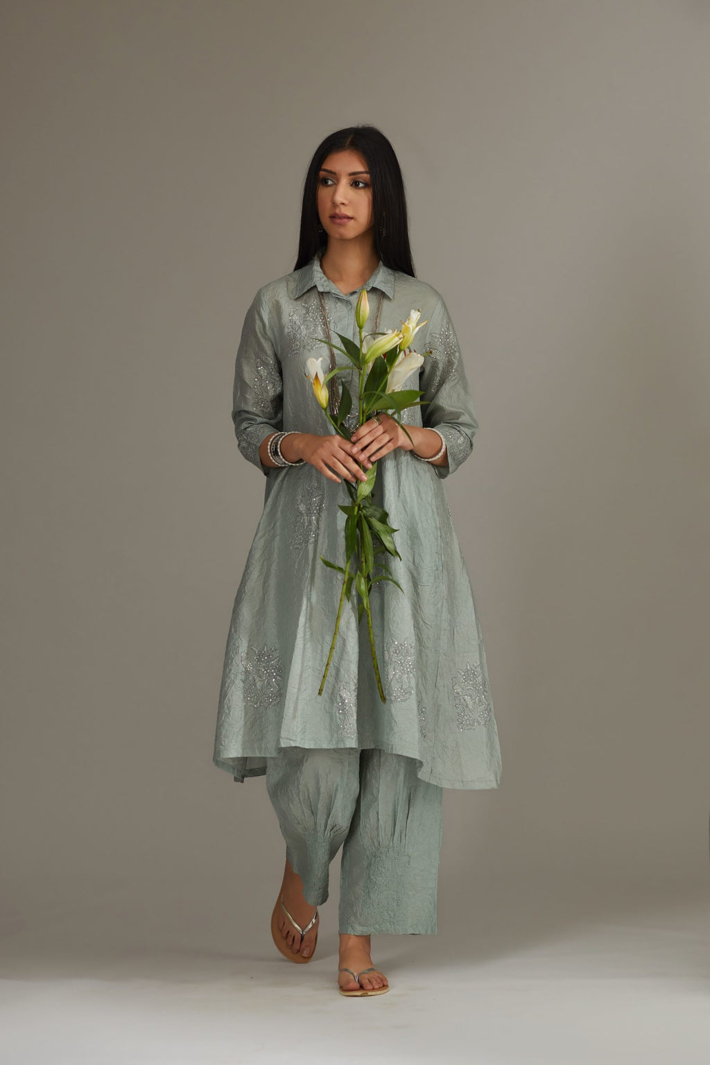 Sea blue hand crushed, block printed and embellished short shirt kurta set with collar and box pleat at front