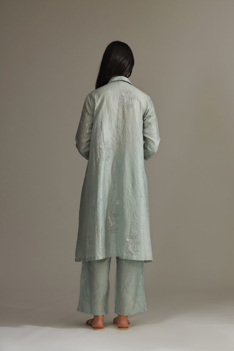 Sea blue hand crushed, block printed and embellished short shirt kurta set with collar and box pleat at front