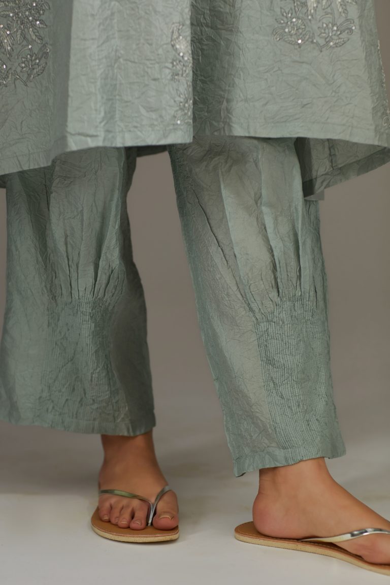 Sea blue hand crushed, block printed and embellished short shirt kurta set with collar and box pleat at front