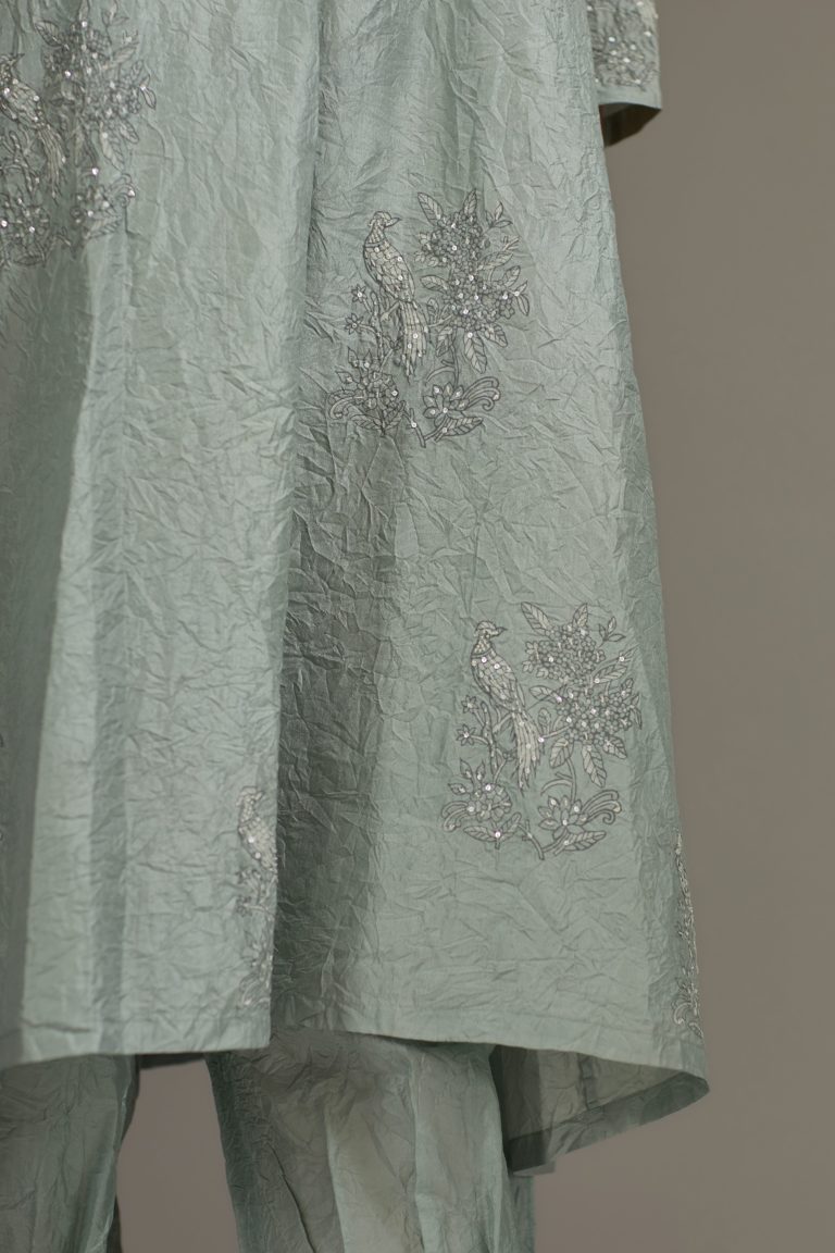 Sea blue hand crushed, block printed and embellished short shirt kurta set with collar and box pleat at front