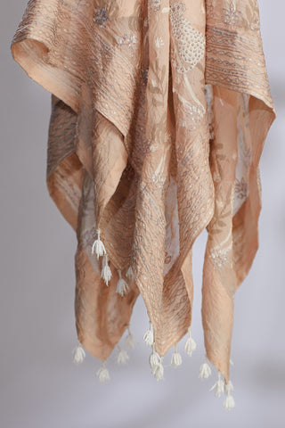 Peach hand crushed block printed silk square scarf with quilted embroidery and tassels