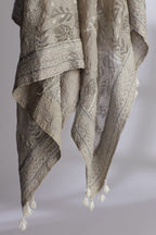 Grey hand crushed silk block printed, embroidered straight kurta set with placket