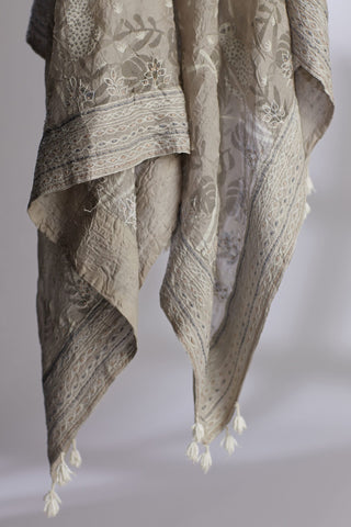 Grey hand crushed block printed silk square scarf with quilted embroidery and tassels
