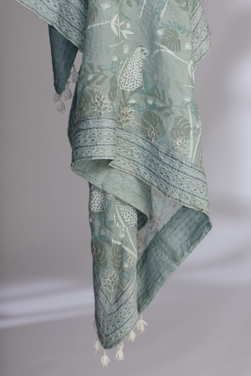 Sea blue hand crushed block printed silk square scarf with quilted embroidery and tassels