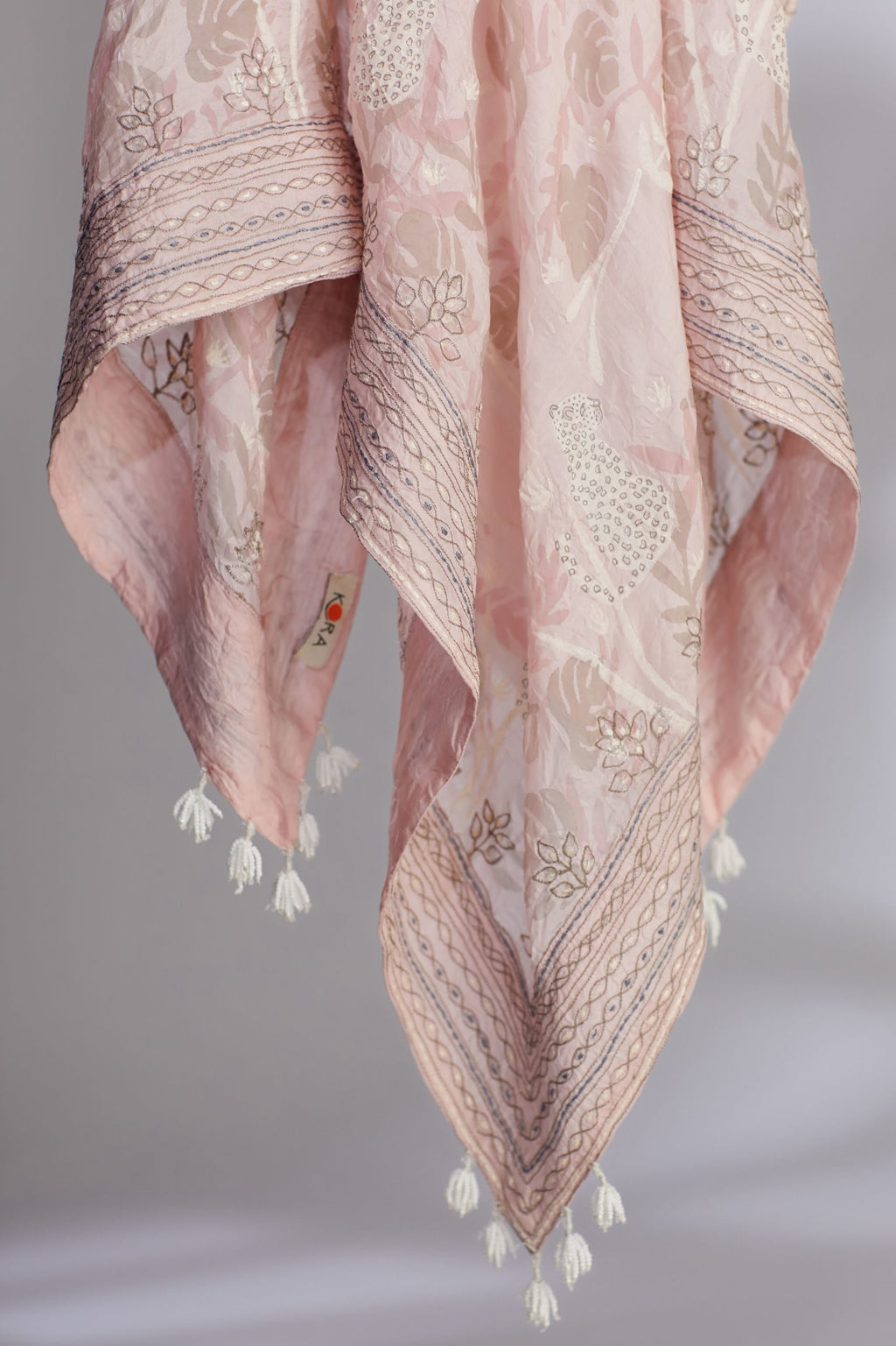 Pink hand crushed block printed silk square scarf with quilted embroidery and tassels