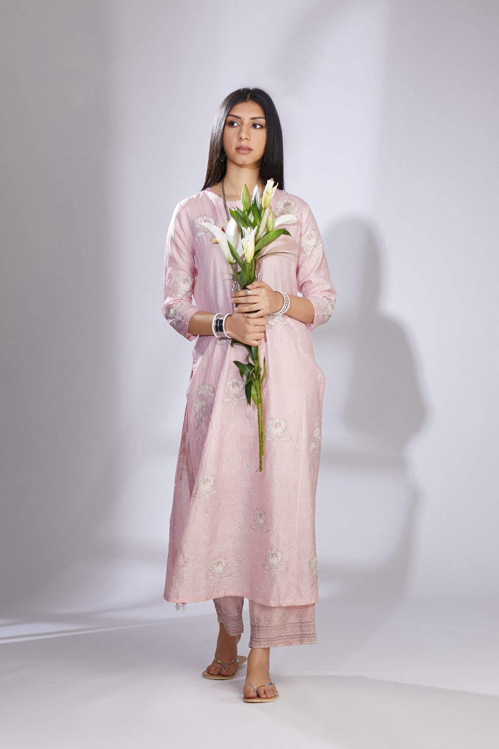 Pink hand crushed silk kurta set with block print and embellishment