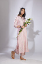 Pink hand crushed silk kurta set with block print and embellishment