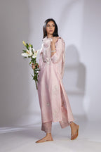 Pink hand crushed silk kurta set with block print and embellishment