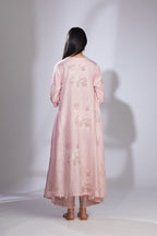 Pink silk hand-crushed asymmetric hem kurta set with block prints embellished with sequins