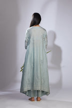 Sea blue hand crushed silk kurta set with asymmetric hem and quilted embroidery