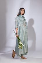 Sea blue hand crushed silk kurta set with asymmetric hem and quilted embroidery
