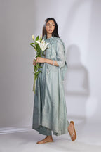 Sea blue hand crushed silk kurta set with asymmetric hem and quilted embroidery