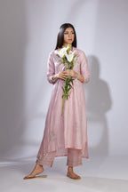 Pink hand crushed pure silk kurta set enhanced with zari and embellishment