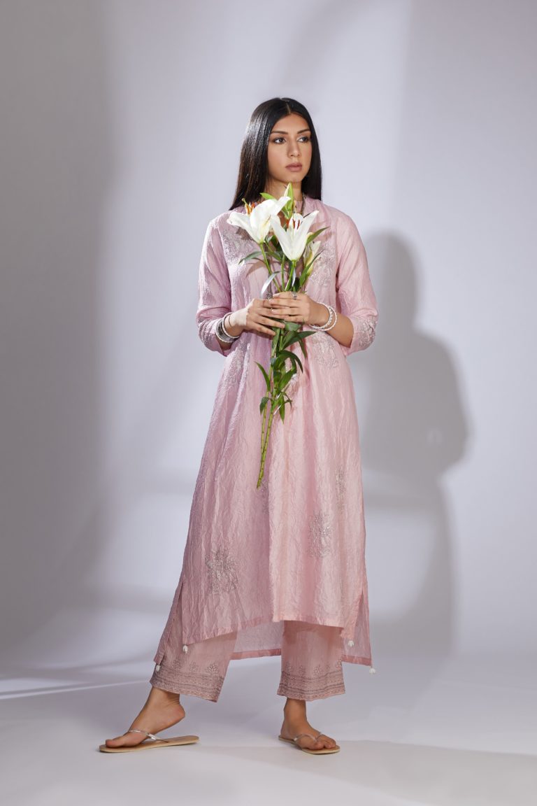 Pink hand crushed pure silk kurta set enhanced with zari and embellishment