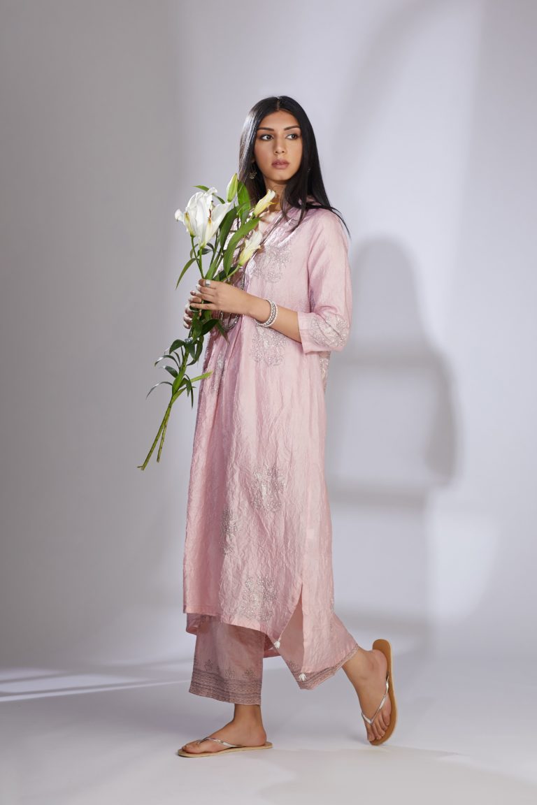 Pink hand crushed pure silk kurta set enhanced with zari and embellishment