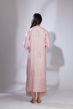 Pink hand crushed pure silk kurta set enhanced with zari and embellishment