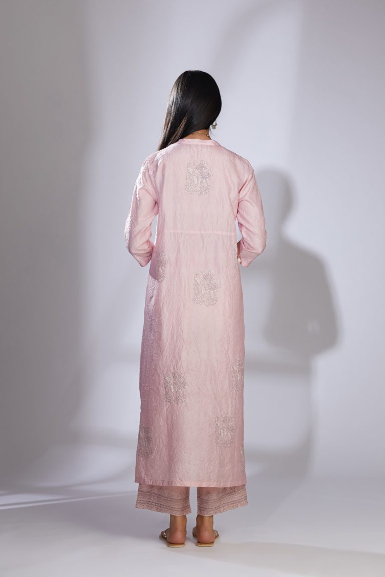Pink hand crushed pure silk kurta set enhanced with zari and embellishment