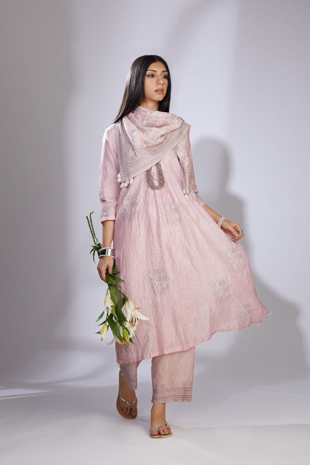 Pink hand crushed pure silk kurta set enhanced with zari and embellishment
