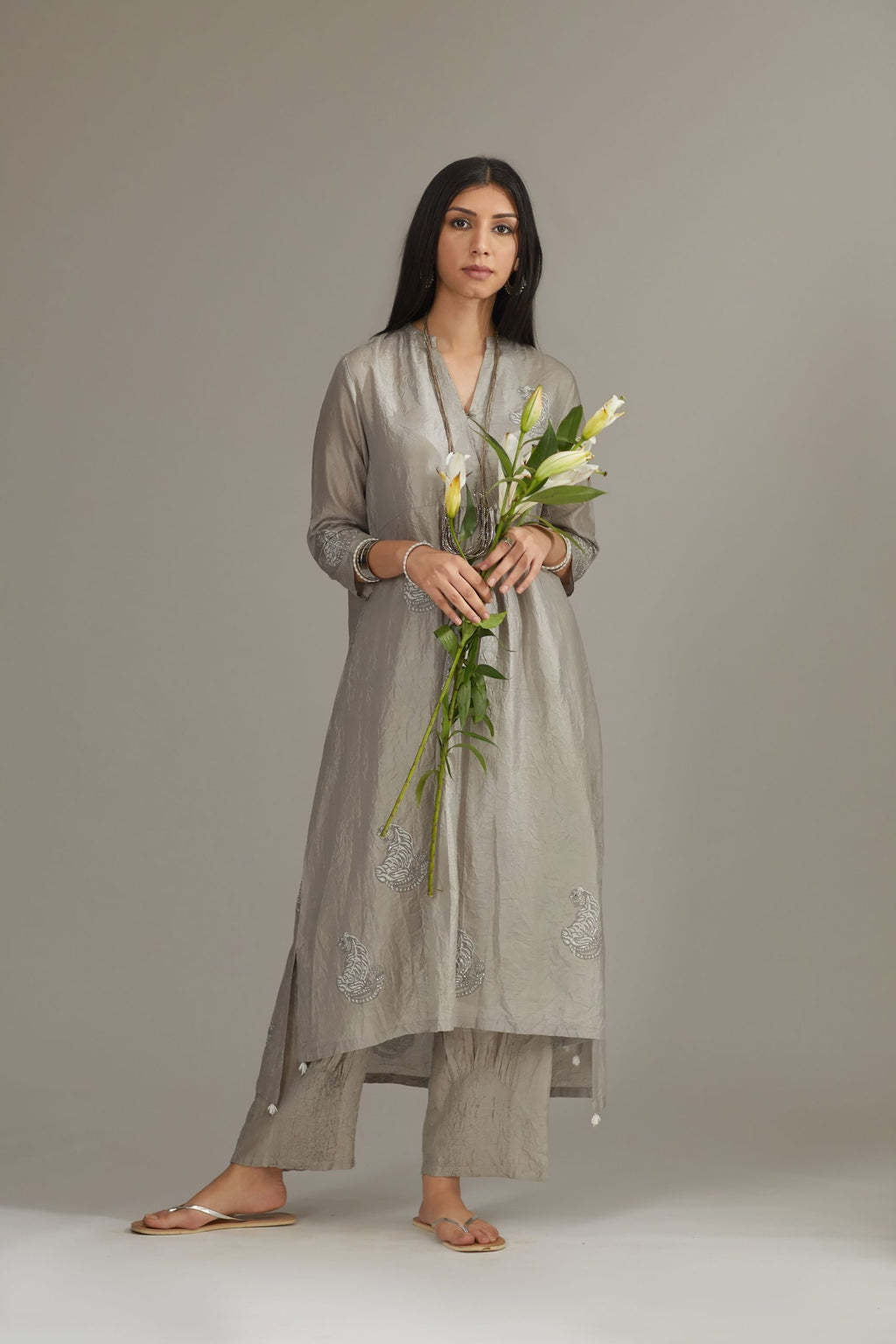 Grey hand crushed pure silk kurta set enhanced with zari and embellishment