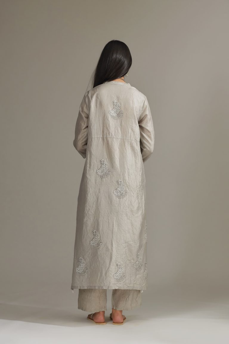 Grey hand crushed pure silk kurta set enhanced with zari and embellishment