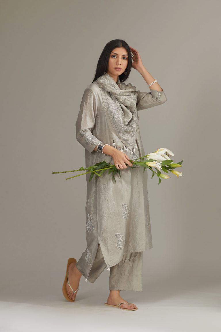 Grey hand crushed pure silk kurta set enhanced with zari and embellishment