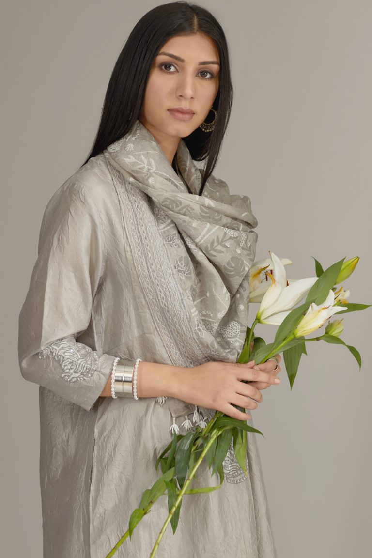 Grey hand crushed pure silk kurta set enhanced with zari and embellishment