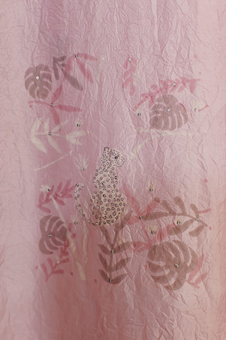 Pink silk hand-crushed asymmetric hem kurta set with block prints embellished with sequins