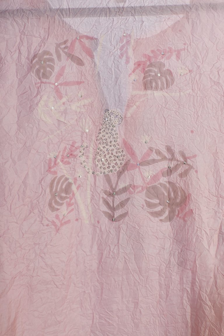 Pink silk hand-crushed asymmetric hem kurta set with block prints embellished with sequins