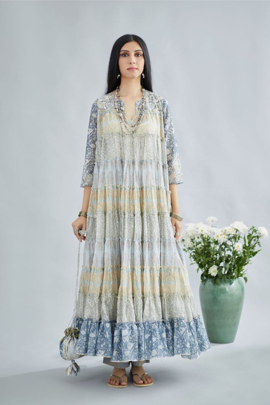 Hand block printed multi-tiered kurta set dress with 3/4 sleeves and cutwork detailing