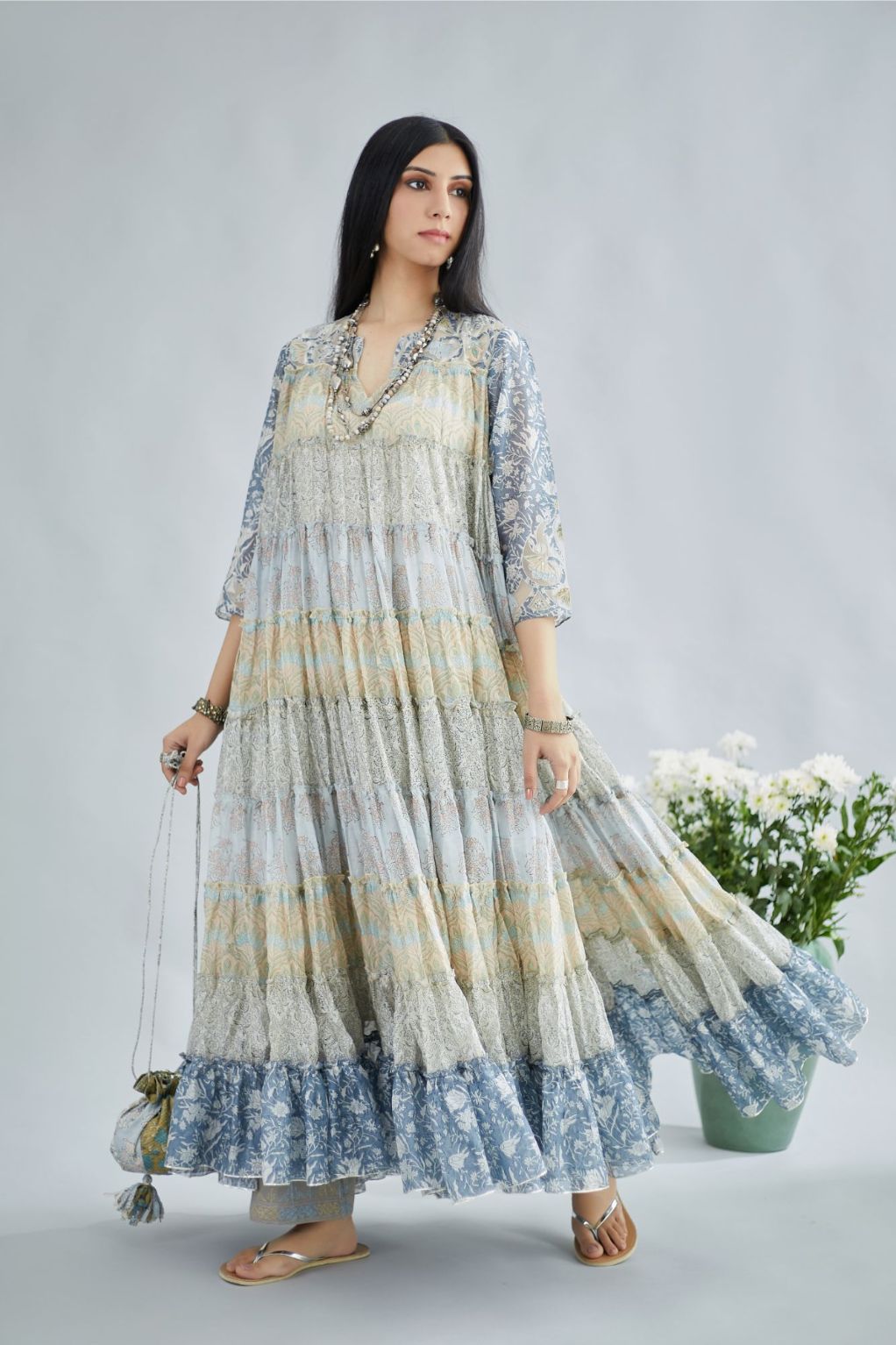 Hand block printed multi-tiered kurta set dress with 3/4 sleeves and cutwork detailing