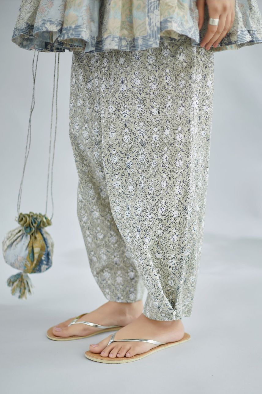 Assorted hand block printed Cotton Chanderi short Angrakha kurta set highlighted with silver zari quilting at neck and hem