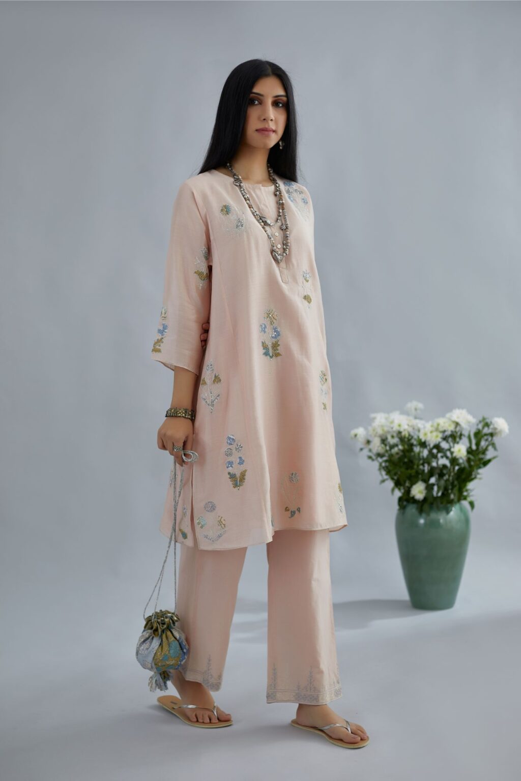 Seashell pink silk Chanderi short kurta set with all-over applique, highlighted with sequin and silver zari embroidery