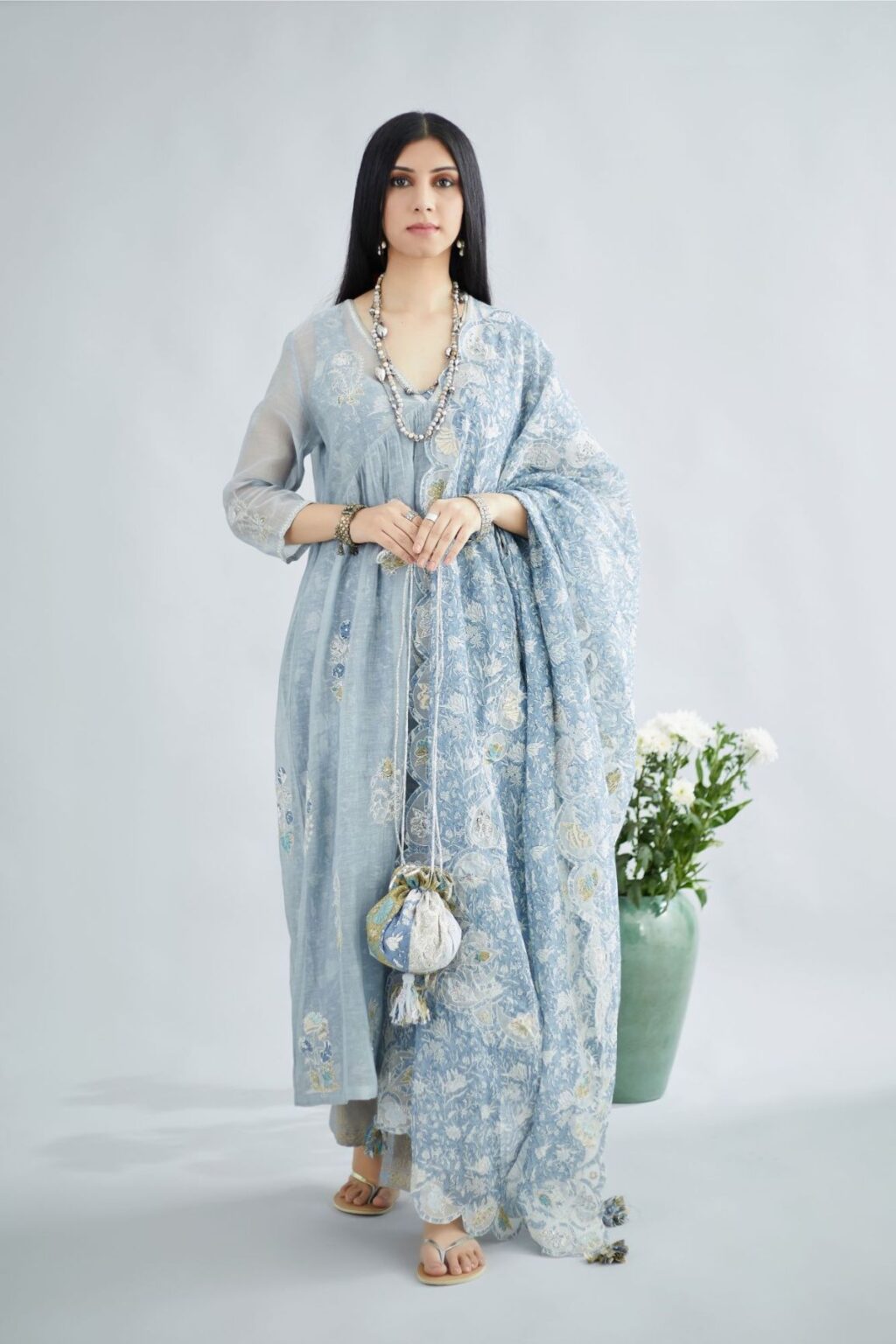 Blue hand block printed Cotton Chanderi dupatta with cut work embroidery, highlighted with sequin hand work and silver zari embroidery